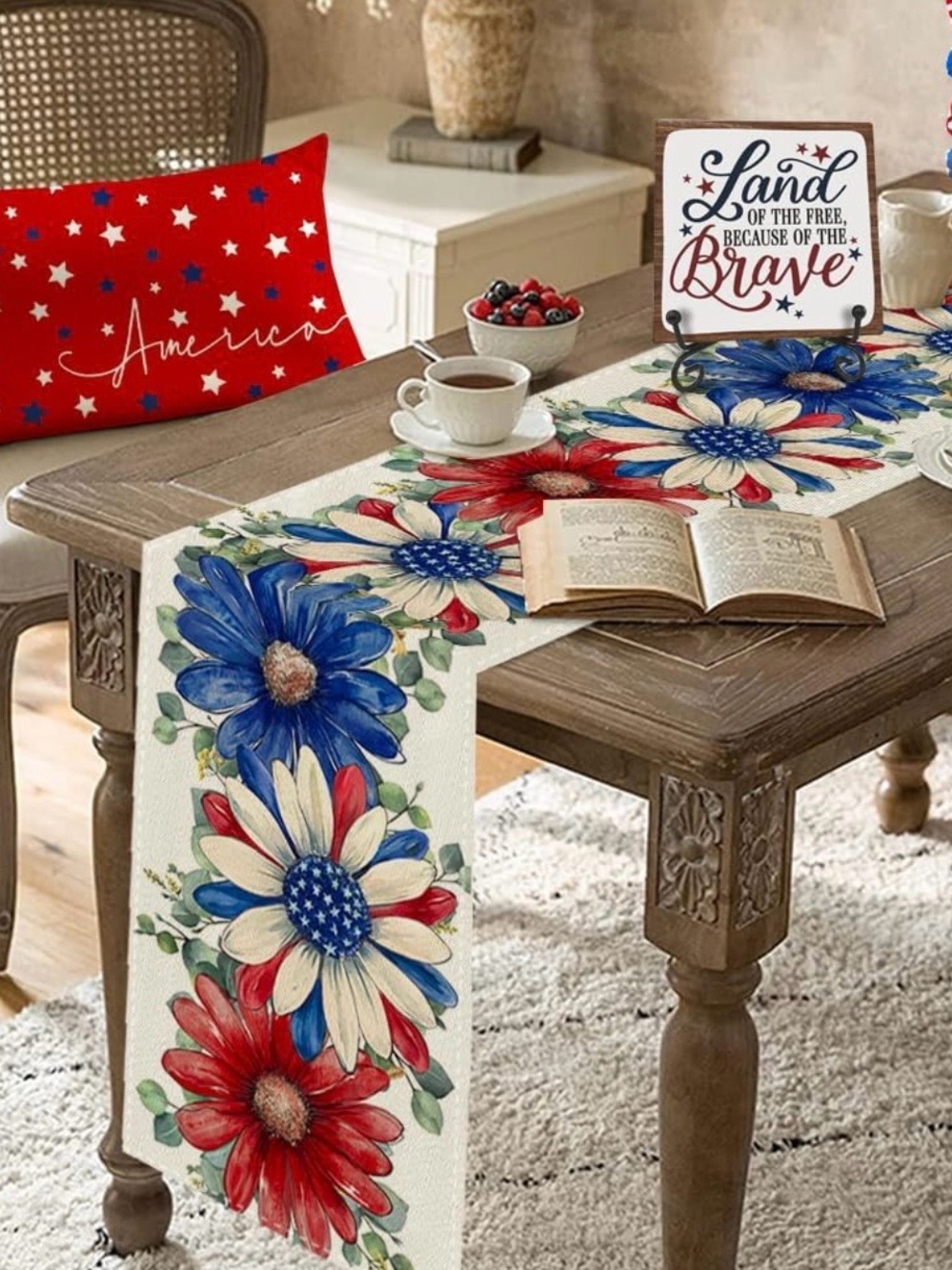 Patriotic Red, White & Blue Floral Table Runner